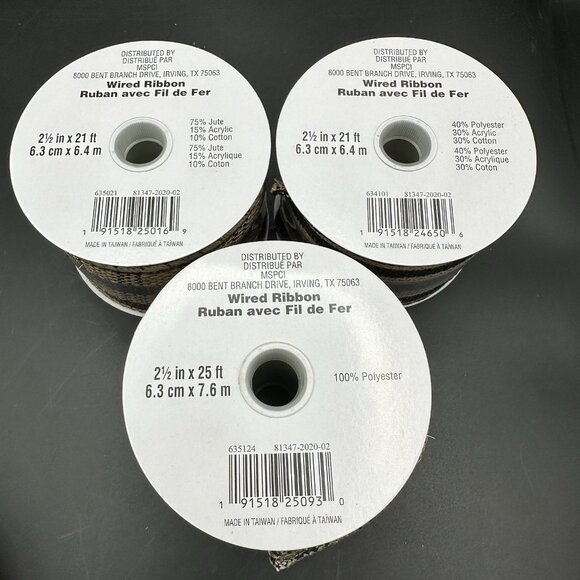 Celebrate It Wired Ribbon 2.5” Black Tan Plaid & Stripe Burlap Rustic Farmhouse - Picture 7 of 8